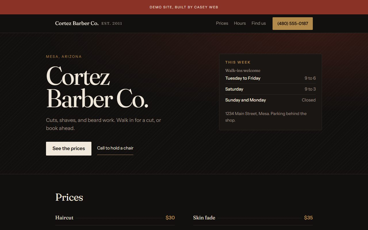 Dark editorial barber shop website concept