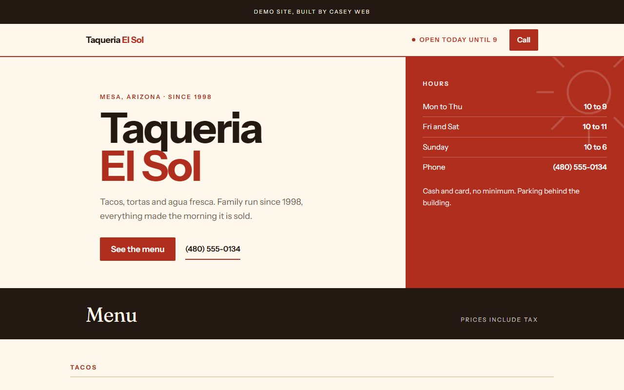 Warm red-and-cream taqueria website concept